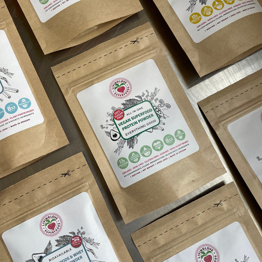 Sustainable eco friendly biodegradable packaging of LivingLove Superfoods all-in-one protein powders 